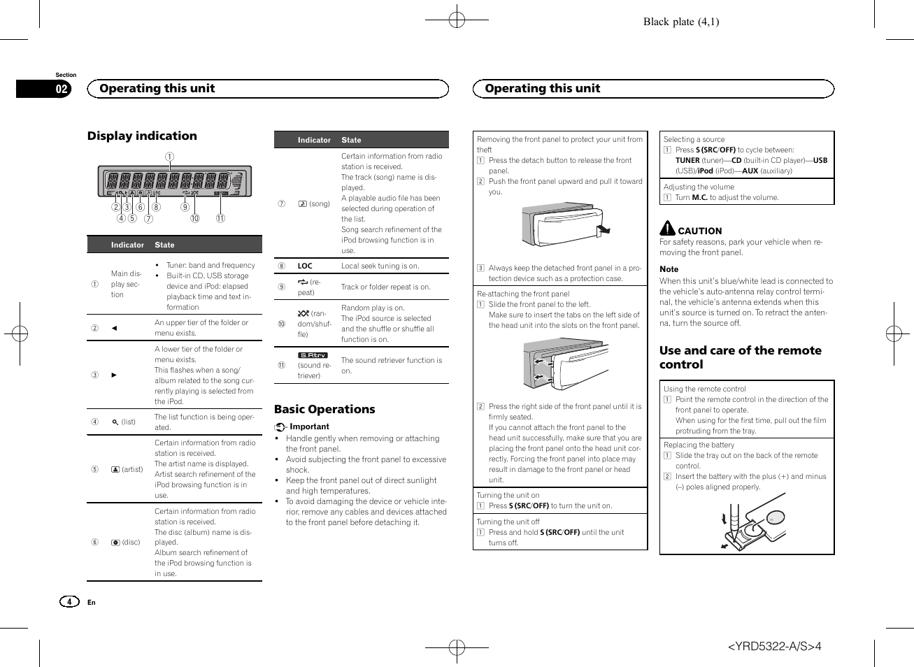 Display indication, Basic operations, Use and care of the remote control | Operating this unit 02, Operating this unit | Pioneer DEH-33HD User Manual | Page 4 / 52