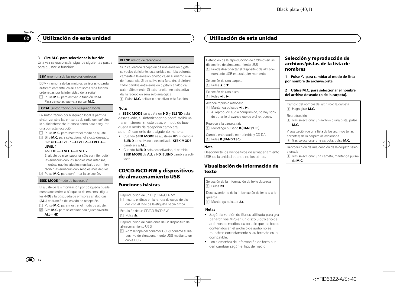 Cd/cd-r/cd-rw y dispositivos de almacenamiento usb, Utilización de esta unidad 02, Utilización de esta unidad | Pioneer DEH-33HD User Manual | Page 40 / 52