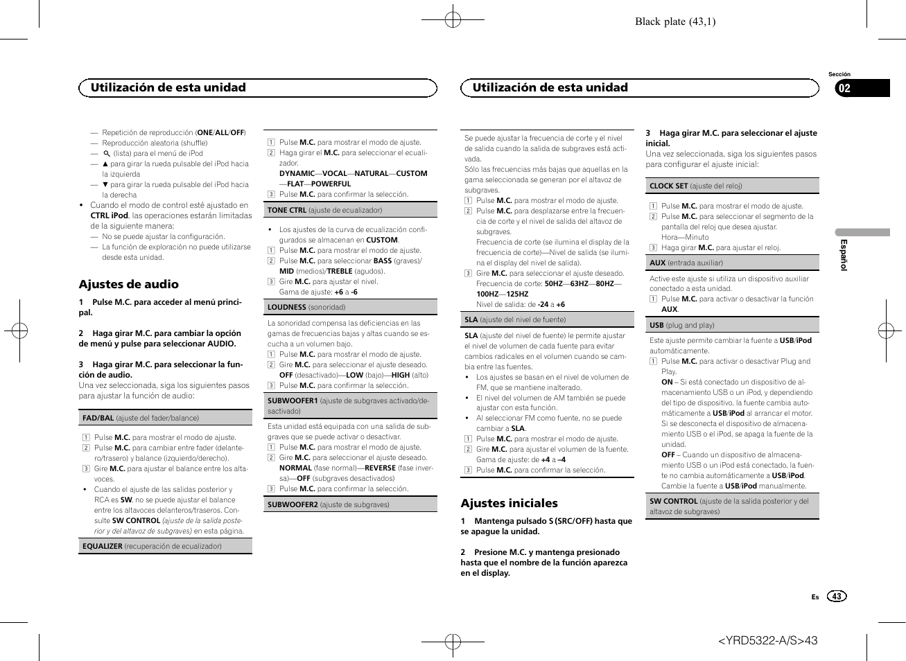 Ajustes de audio, Ajustes iniciales, Utilización de esta unidad 02 | Utilización de esta unidad | Pioneer DEH-33HD User Manual | Page 43 / 52