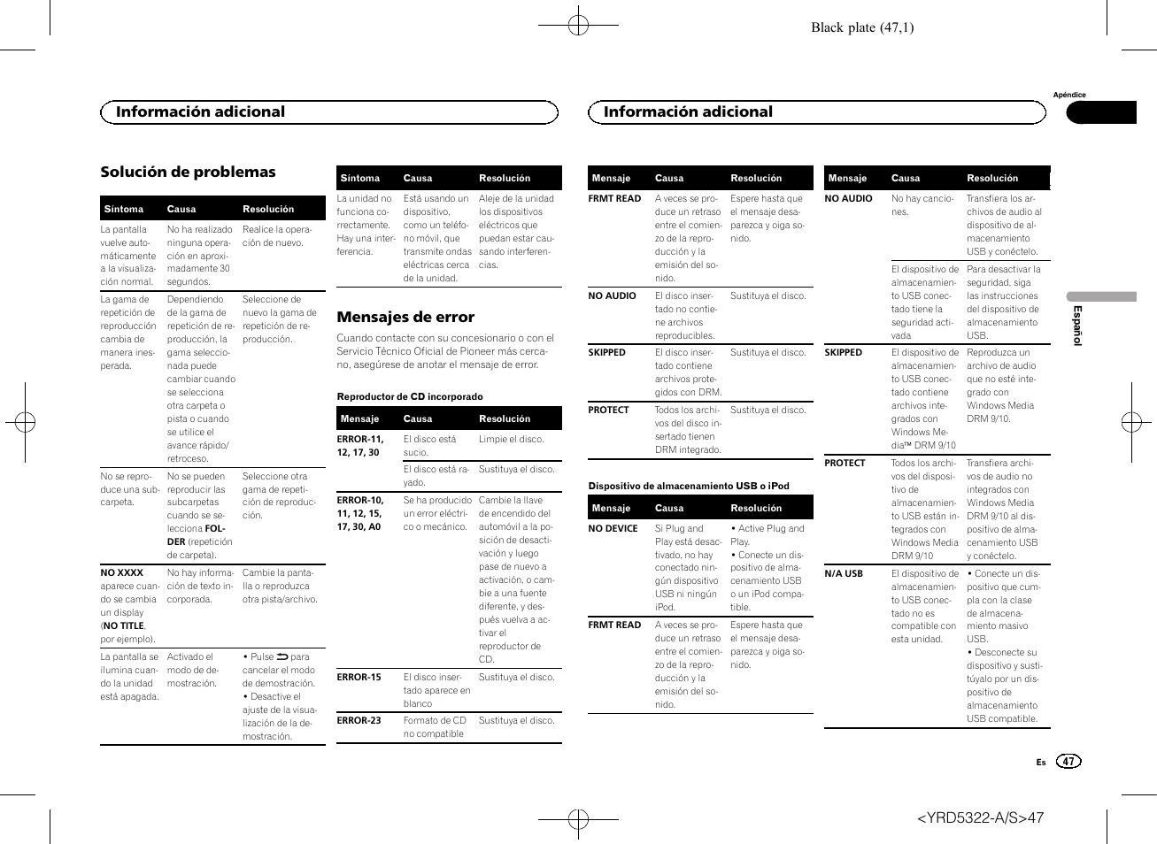 Solución de problemas, Mensajes de error, Información adicional | Pioneer DEH-33HD User Manual | Page 47 / 52