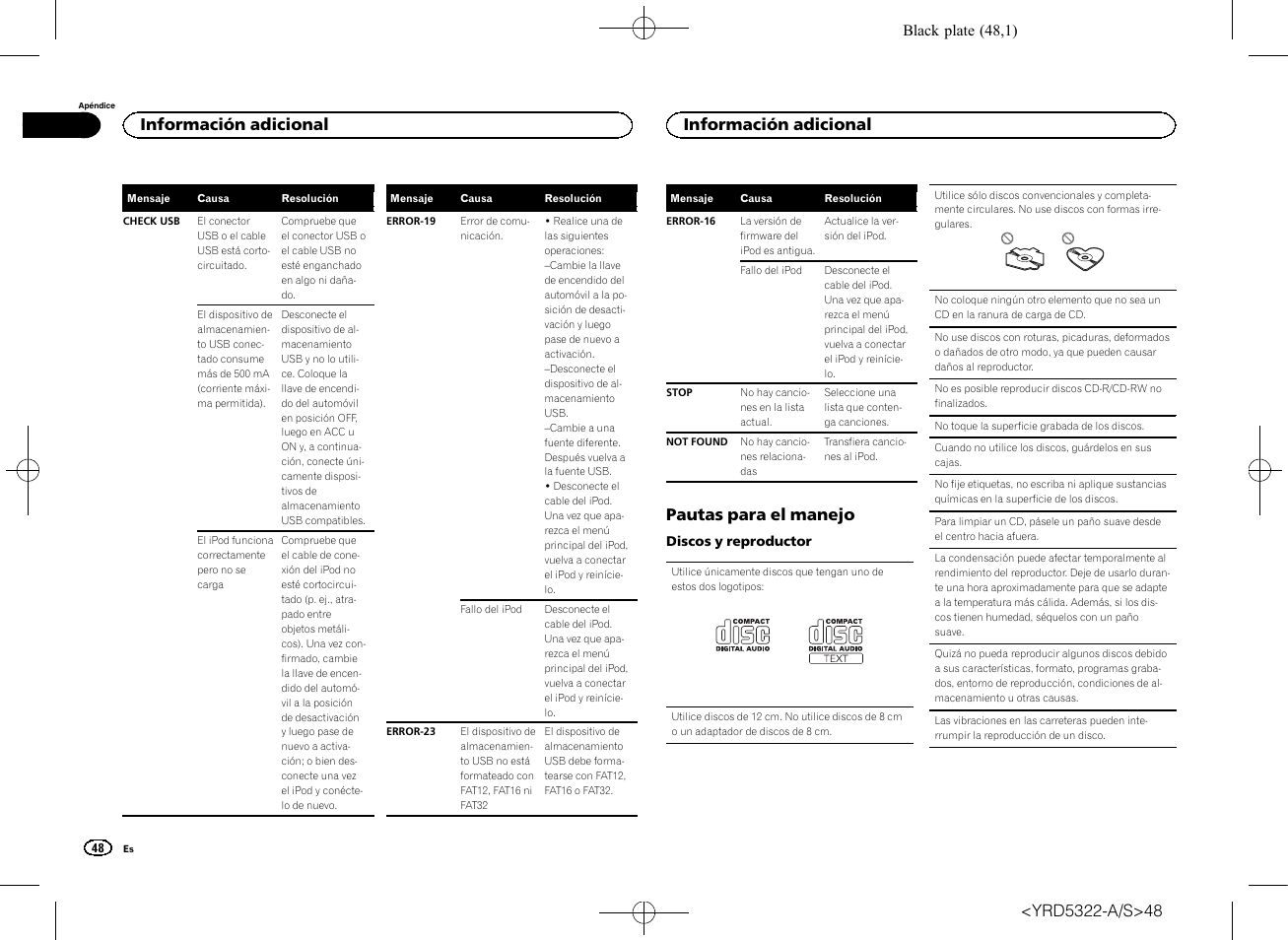 Pautas para el manejo, Información adicional | Pioneer DEH-33HD User Manual | Page 48 / 52