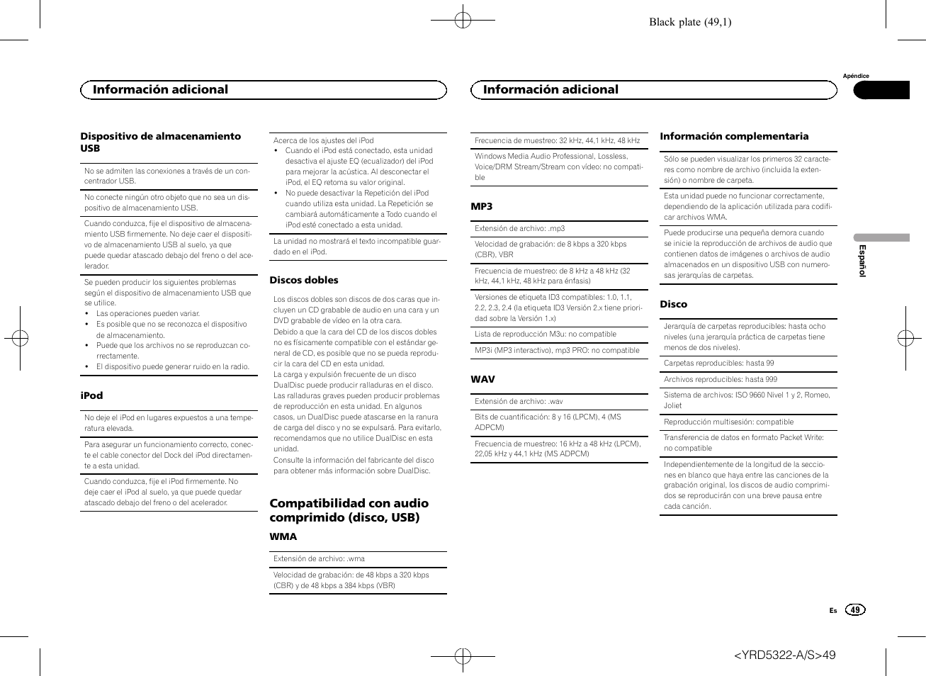 Compatibilidad con audio comprimido (disco, usb), Información adicional | Pioneer DEH-33HD User Manual | Page 49 / 52