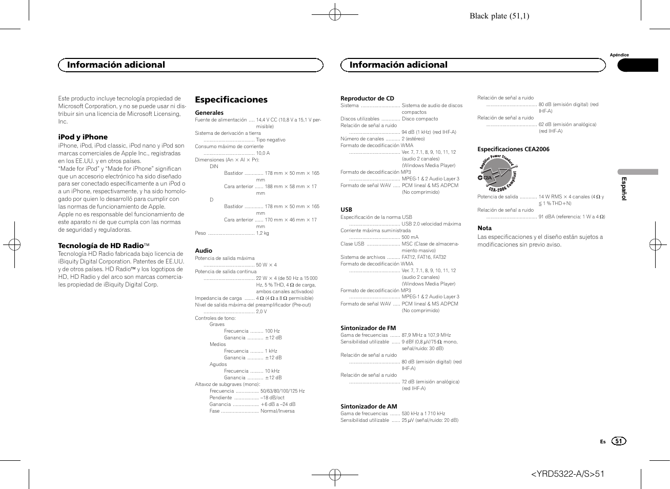 Especificaciones, Información adicional, Black plate (51,1) | Pioneer DEH-33HD User Manual | Page 51 / 52