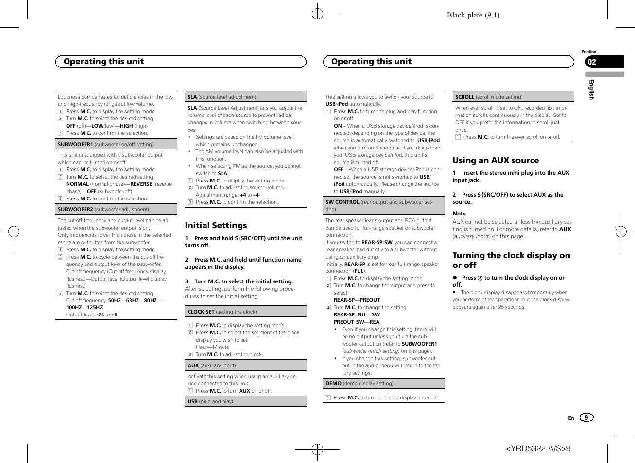 Sw control (rear output, Initial settings, Using an aux source | Turning the clock display on or off, Operating this unit 02, Operating this unit | Pioneer DEH-33HD User Manual | Page 9 / 52