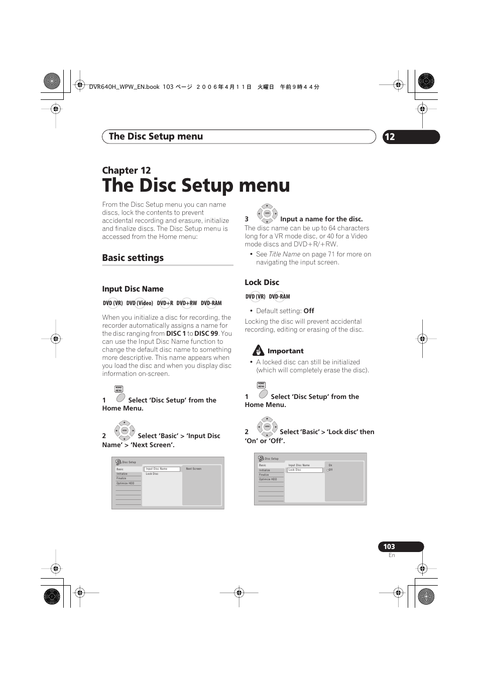 12 the disc setup menu, Basic settings, The disc setup menu | The disc setup menu 12, Chapter 12, Input disc name, Lock disc | Pioneer DVR-640H-S User Manual | Page 103 / 140