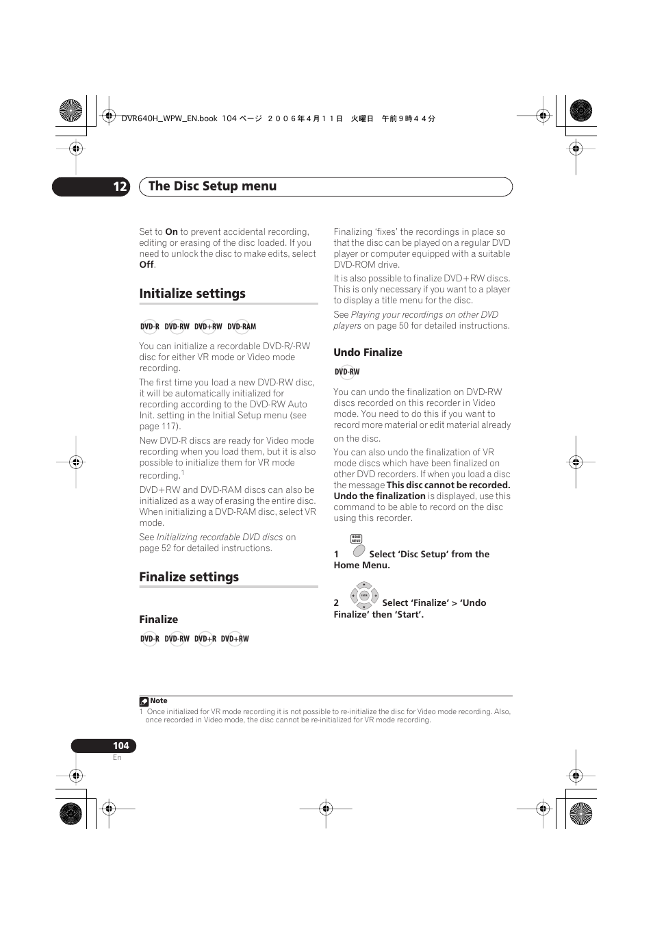 Initialize settings, Finalize settings, The disc setup menu 12 | Pioneer DVR-640H-S User Manual | Page 104 / 140