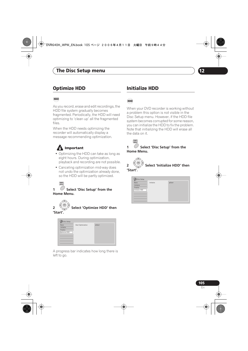 Optimize hdd, Initialize hdd, The disc setup menu 12 | Pioneer DVR-640H-S User Manual | Page 105 / 140