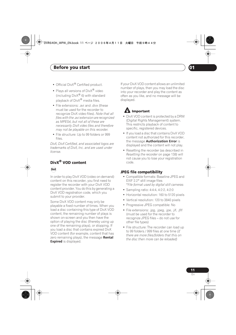 Before you start 01 | Pioneer DVR-640H-S User Manual | Page 11 / 140