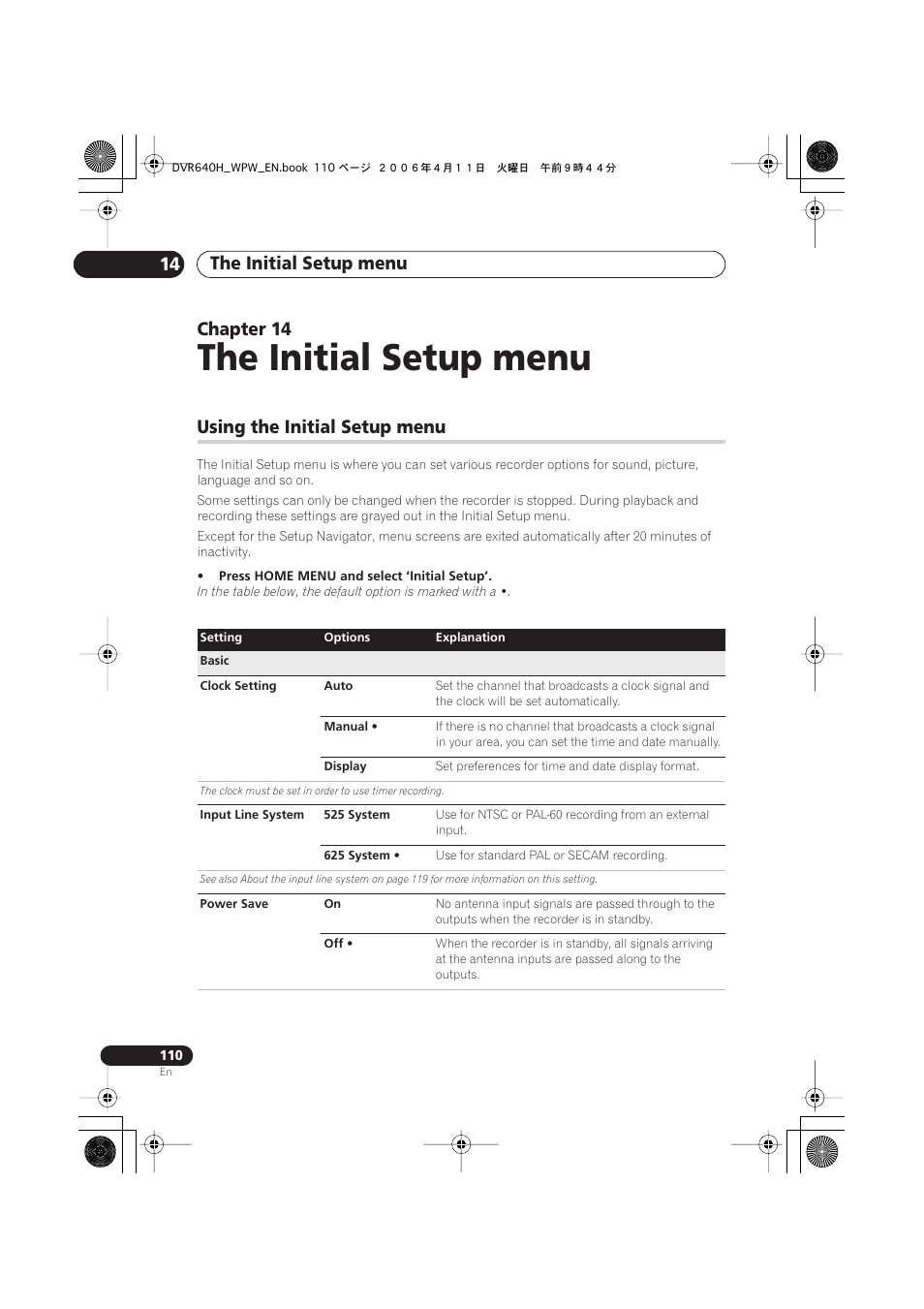14 the initial setup menu, Using the initial setup menu, The initial setup menu | The initial setup menu 14, Chapter 14 | Pioneer DVR-640H-S User Manual | Page 110 / 140