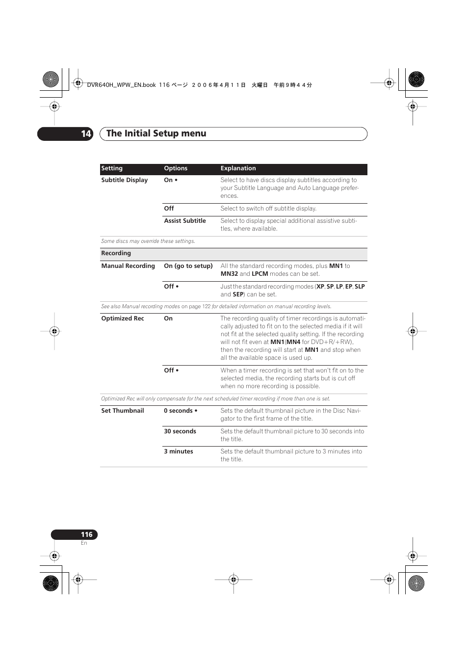 The initial setup menu 14 | Pioneer DVR-640H-S User Manual | Page 116 / 140