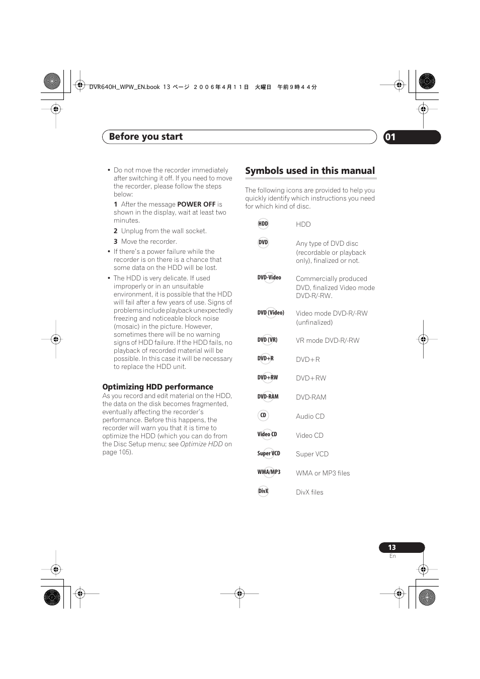 Before you start 01, Symbols used in this manual | Pioneer DVR-640H-S User Manual | Page 13 / 140