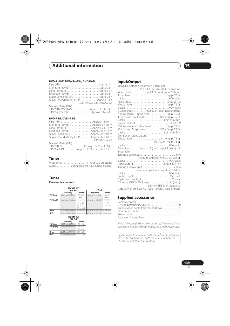 Additional information 15, Timer, Tuner | Input/output, Supplied accessories | Pioneer DVR-640H-S User Manual | Page 139 / 140