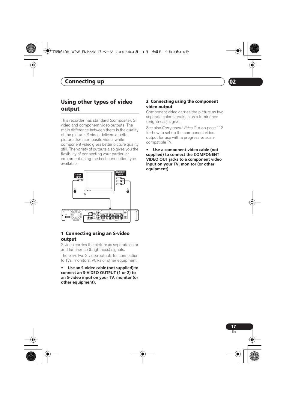 Using other types of video output, Connecting up 02, Using other types of video | Output, Connecting using an s-video output, 2 connecting using the component video output, Coaxial in, Component video out | Pioneer DVR-640H-S User Manual | Page 17 / 140