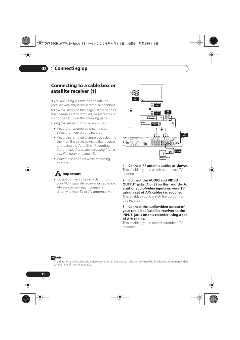 Connecting up 02, Connecting to a cable box or, Satellite receiver (1) | Coaxial in, Automatic recording from a satellite tuner, Important, 1connect rf antenna cables as shown, This enables you to watch and record tv channels, This enables you to record scrambled tv channels | Pioneer DVR-640H-S User Manual | Page 18 / 140