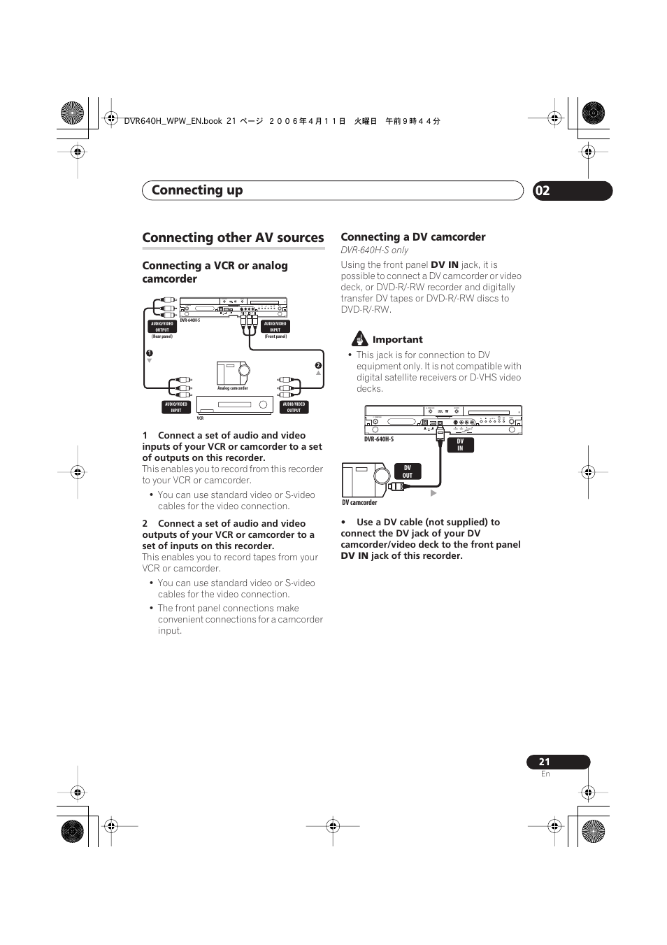 Connecting other av sources, Connecting up 02, Connecting a vcr or analog camcorder | Connecting a dv camcorder | Pioneer DVR-640H-S User Manual | Page 21 / 140