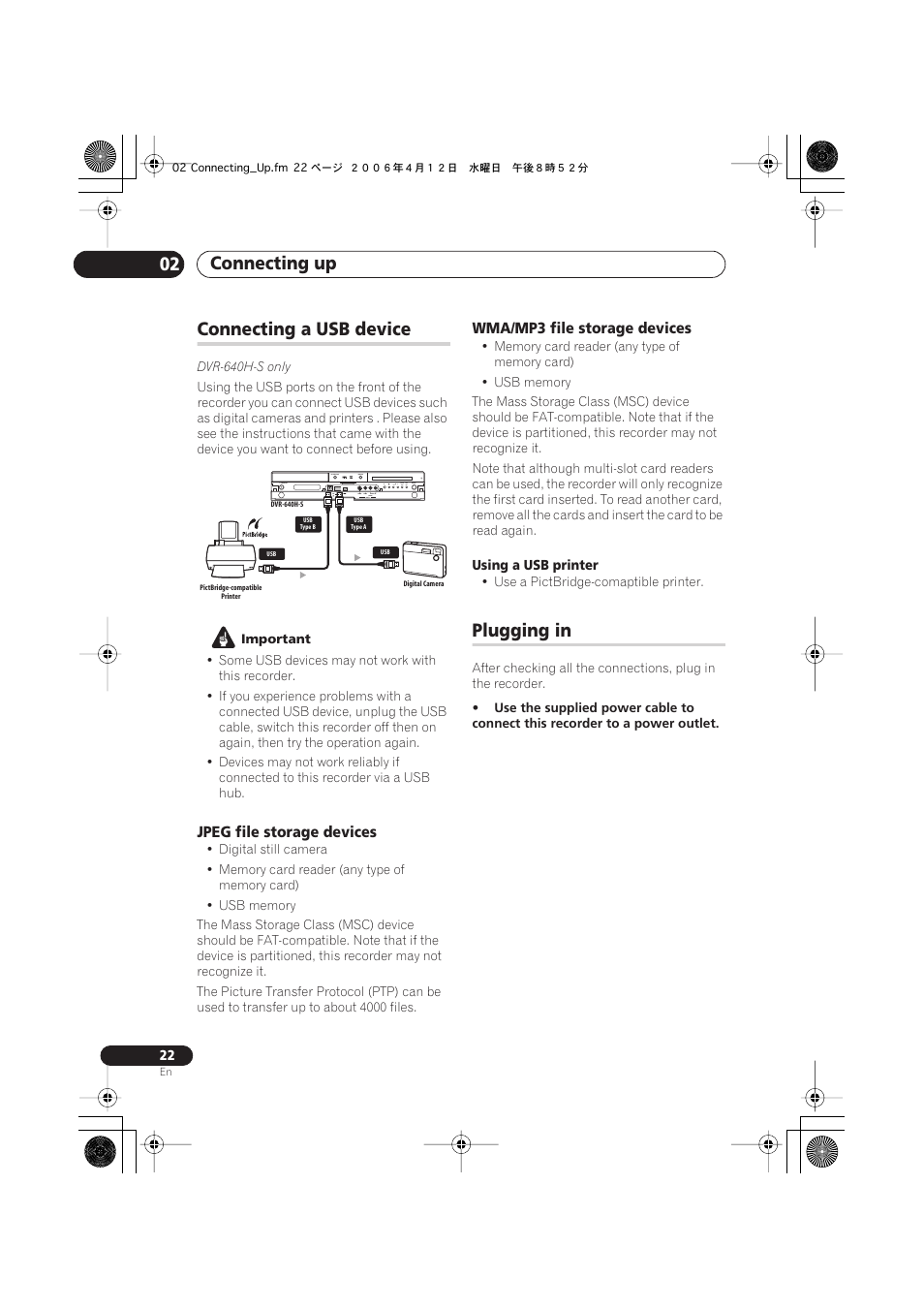 Connecting a usb device, Connecting up 02, Plugging in | Pioneer DVR-640H-S User Manual | Page 22 / 140
