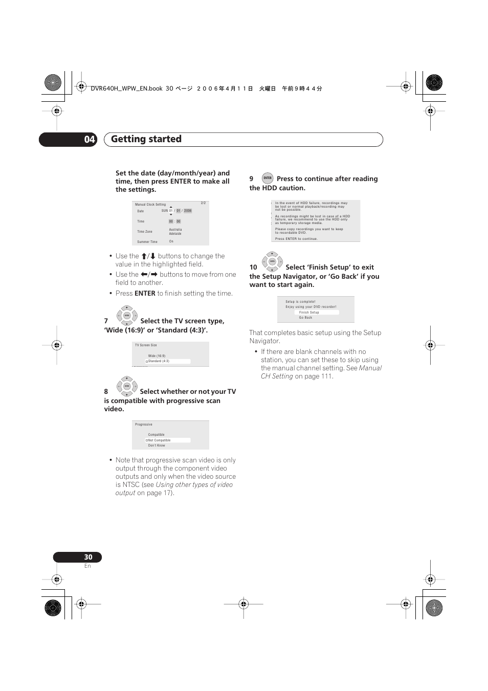 Getting started 04, Use the, Buttons to move from one field to another. • press | Enter, Using other types of video output, On page 17), Manual ch setting, On page 111 | Pioneer DVR-640H-S User Manual | Page 30 / 140