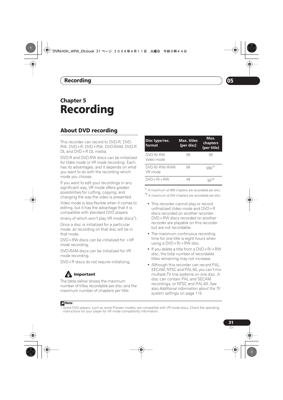 About dvd recording, Recording, Recording 05 | Chapter 5 | Pioneer DVR-640H-S User Manual | Page 31 / 140