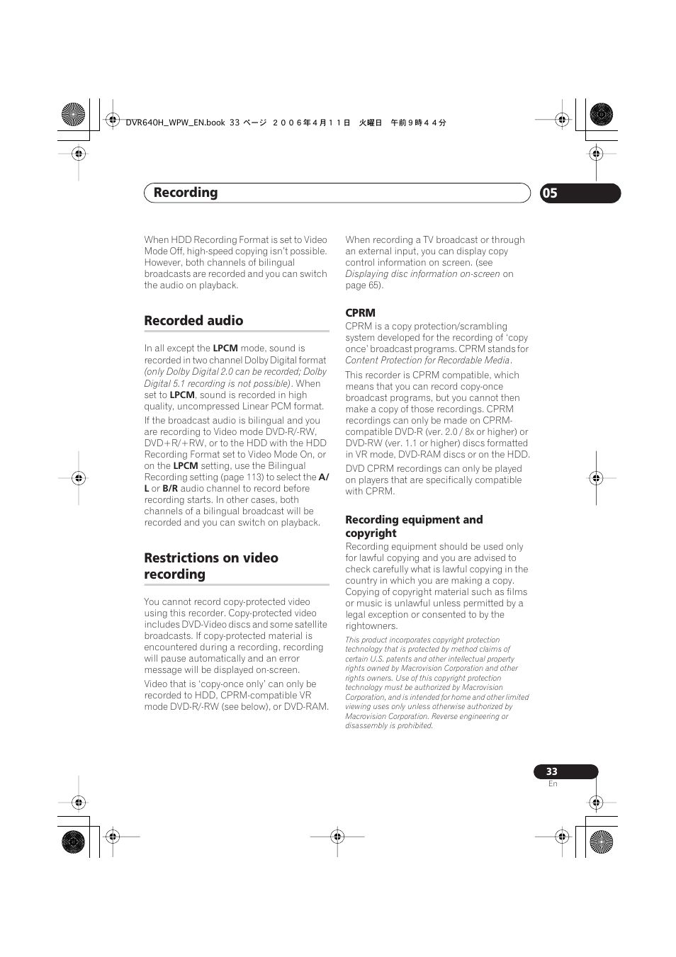 Recorded audio, Restrictions on video recording, Recording 05 | Restrictions on video, Recording | Pioneer DVR-640H-S User Manual | Page 33 / 140