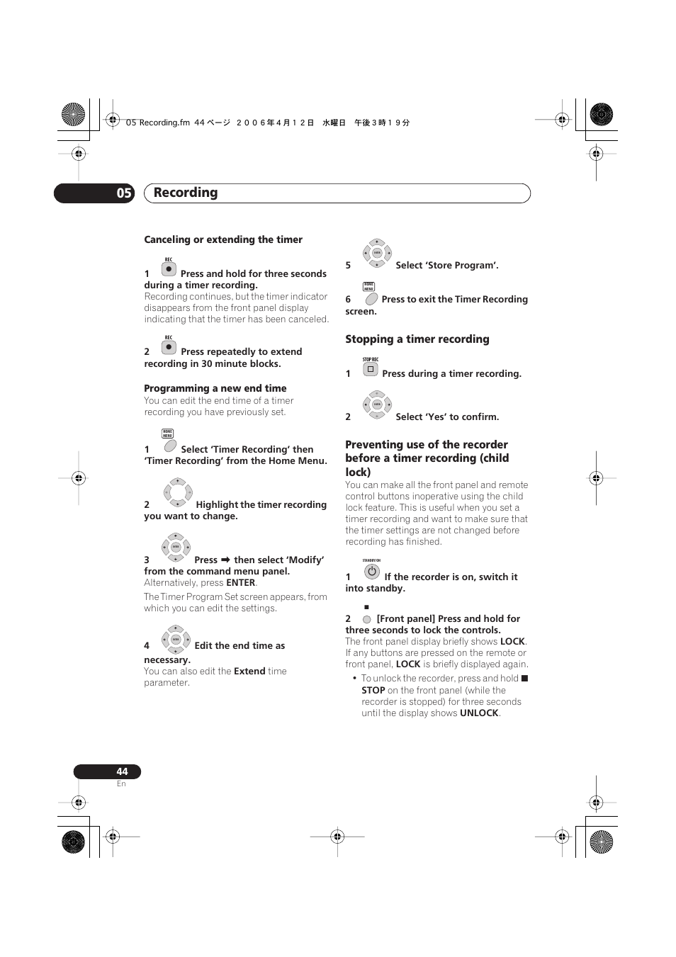 Recording 05, Stopping a timer recording | Pioneer DVR-640H-S User Manual | Page 44 / 140