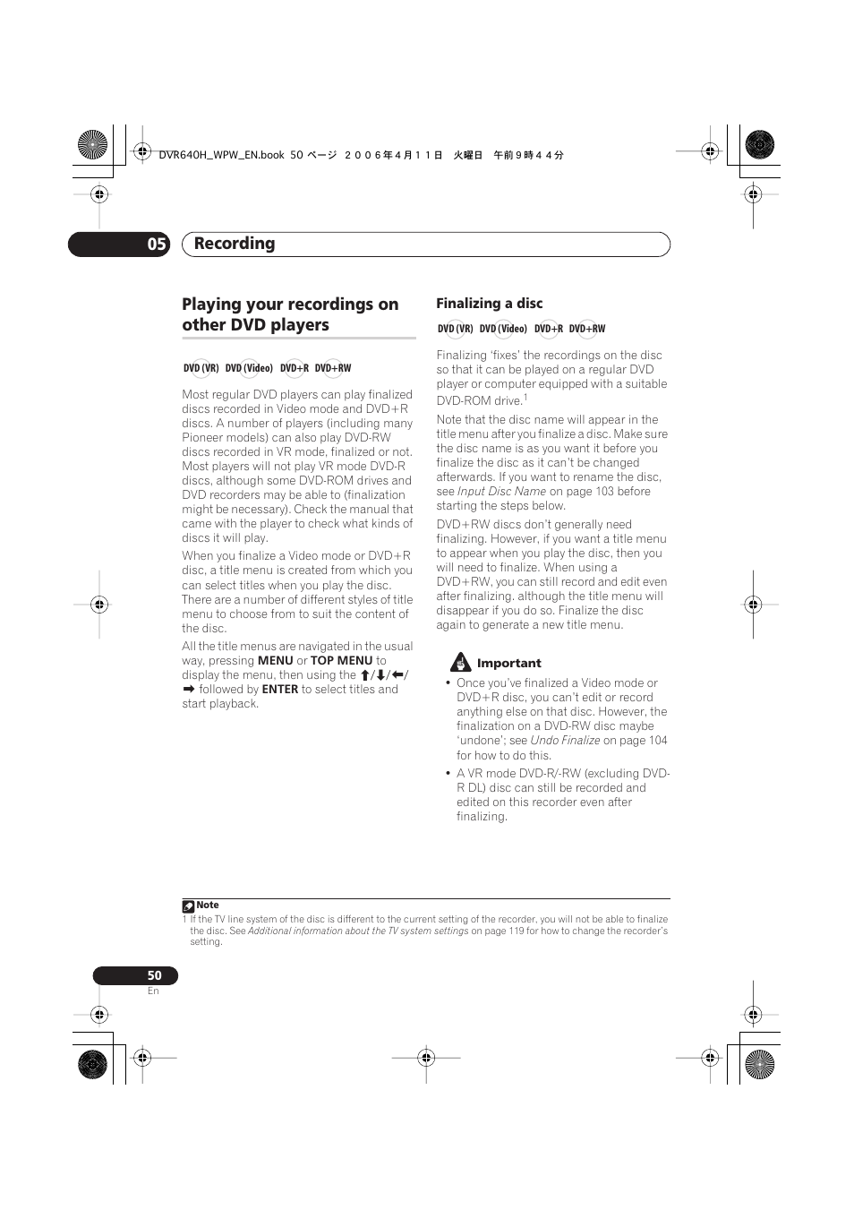 Playing your recordings on other dvd players, Recording 05, Playing your recordings on | Other dvd players | Pioneer DVR-640H-S User Manual | Page 50 / 140