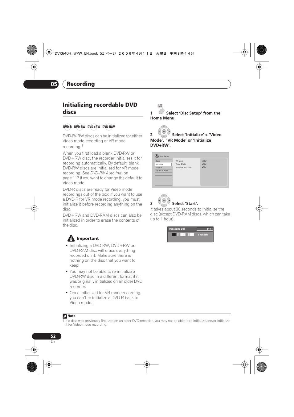 Recording 05, Initializing recordable dvd, Discs | Pioneer DVR-640H-S User Manual | Page 52 / 140