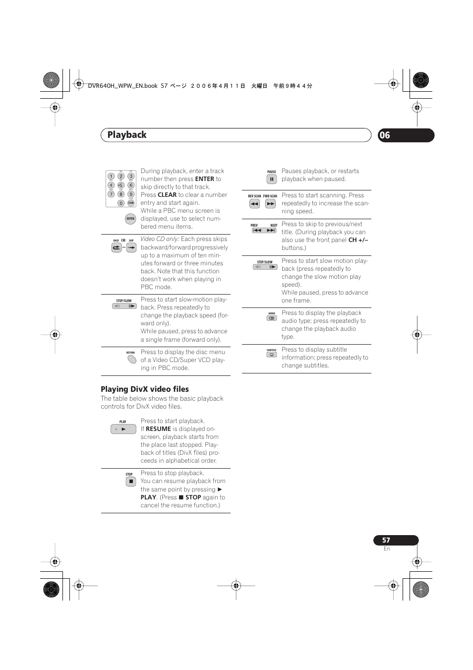 Playback 06, Playing divx video files | Pioneer DVR-640H-S User Manual | Page 57 / 140
