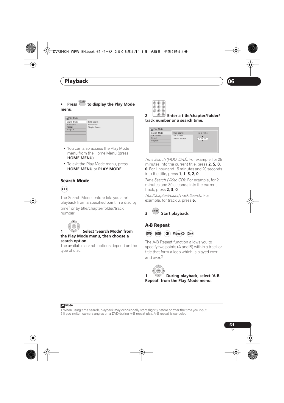 Playback 06, Search mode, A-b repeat | Pioneer DVR-640H-S User Manual | Page 61 / 140