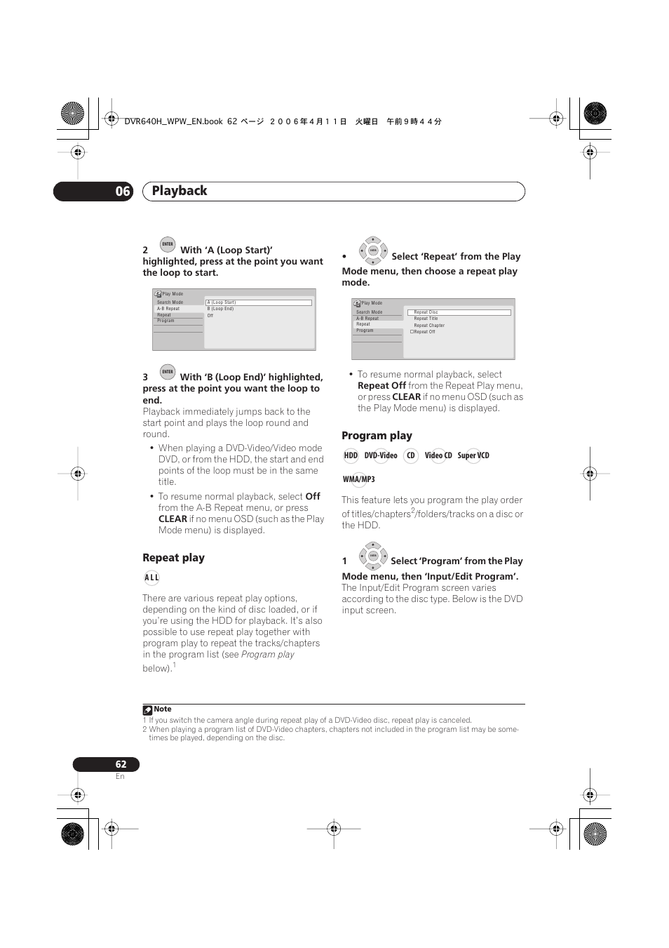 Playback 06, Repeat play, Program play | Pioneer DVR-640H-S User Manual | Page 62 / 140