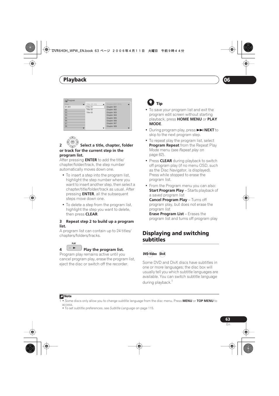 Displaying and switching subtitles, Playback 06, Displaying and switching | Subtitles | Pioneer DVR-640H-S User Manual | Page 63 / 140