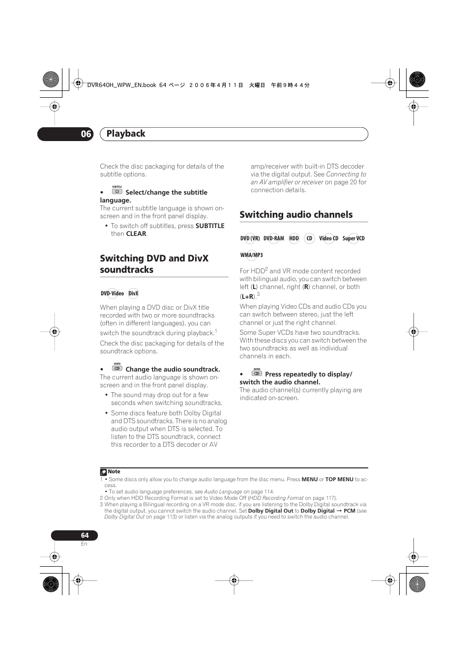 Switching dvd and divx soundtracks, Switching audio channels, Playback 06 | Switching dvd and divx, Soundtracks | Pioneer DVR-640H-S User Manual | Page 64 / 140