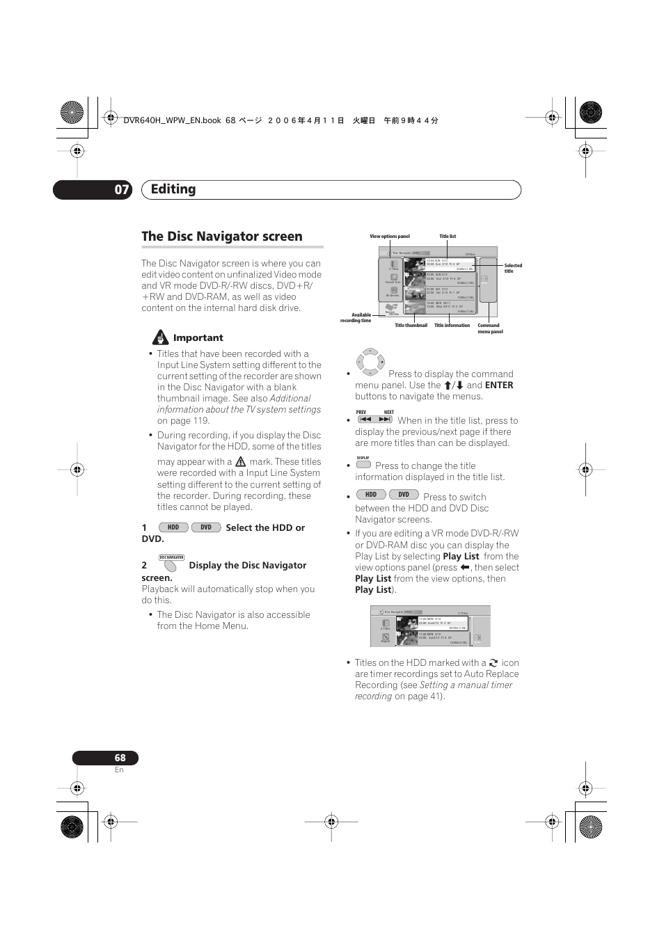 The disc navigator screen, Editing 07 | Pioneer DVR-640H-S User Manual | Page 68 / 140