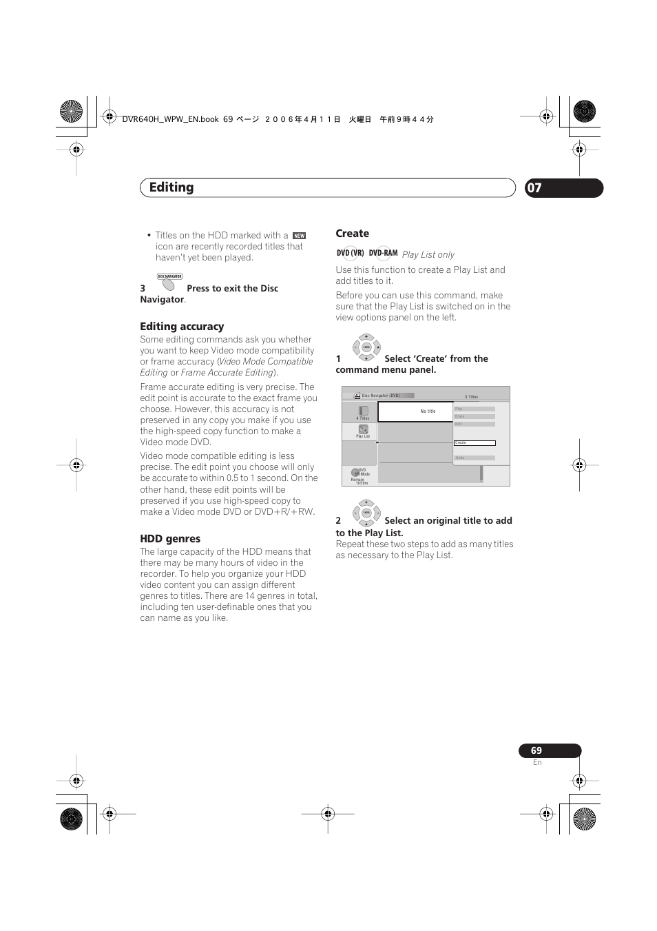 Editing 07, Editing accuracy, Hdd genres | Create | Pioneer DVR-640H-S User Manual | Page 69 / 140
