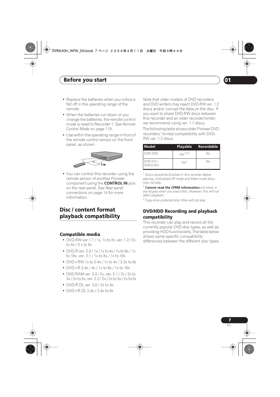 Disc / content format playback compatibility, Before you start 01, Disc / content format | Playback compatibility, Compatible media, Dvd/hdd recording and playback compatibility | Pioneer DVR-640H-S User Manual | Page 7 / 140