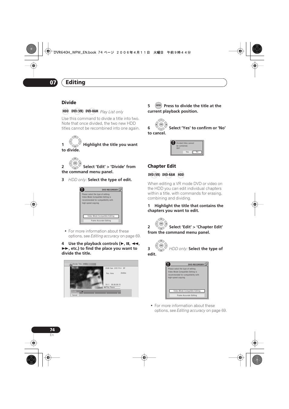 Editing 07, Divide, Chapter edit | Pioneer DVR-640H-S User Manual | Page 74 / 140