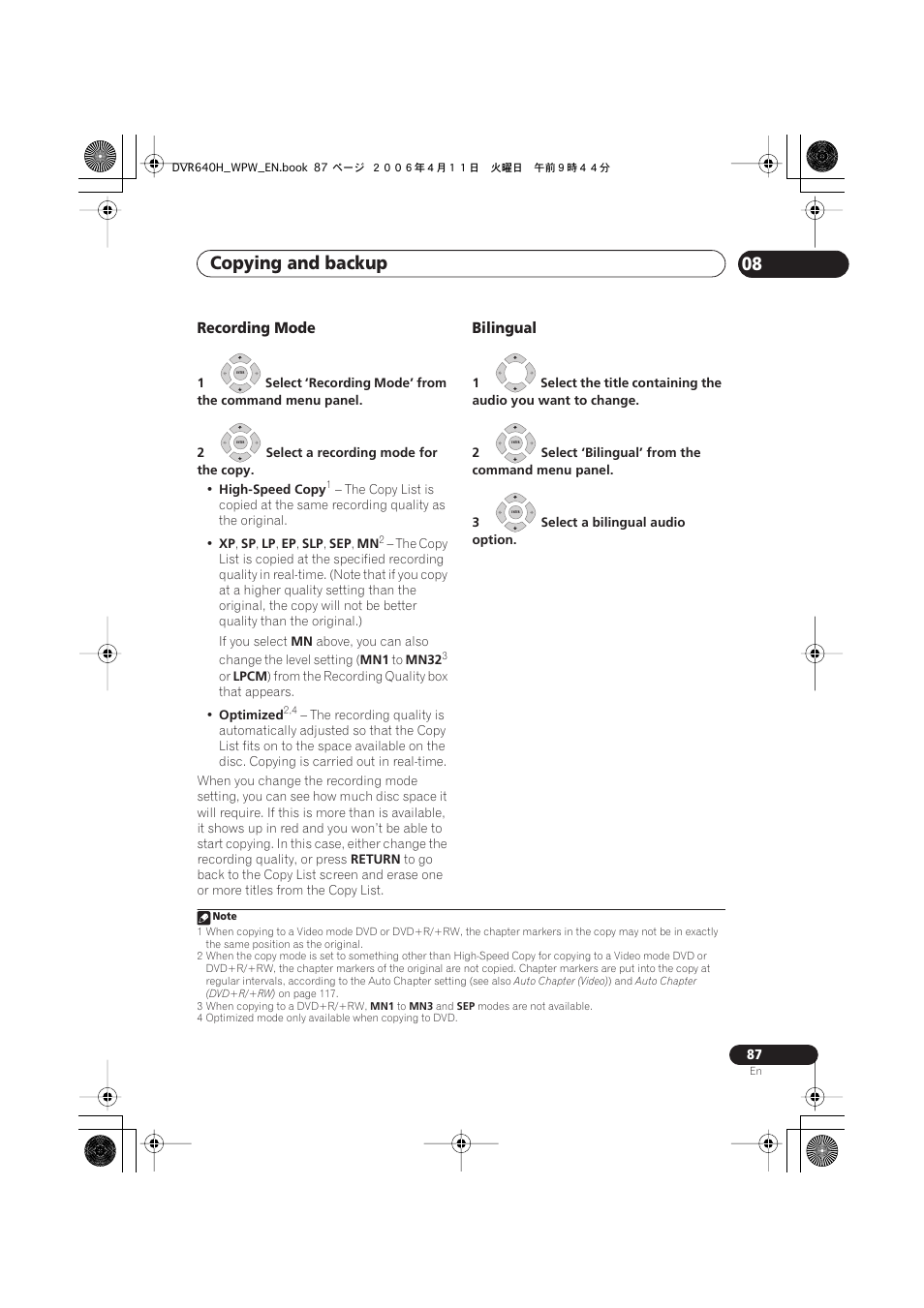 Copying and backup 08, Recording mode, Bilingual | Pioneer DVR-640H-S User Manual | Page 87 / 140