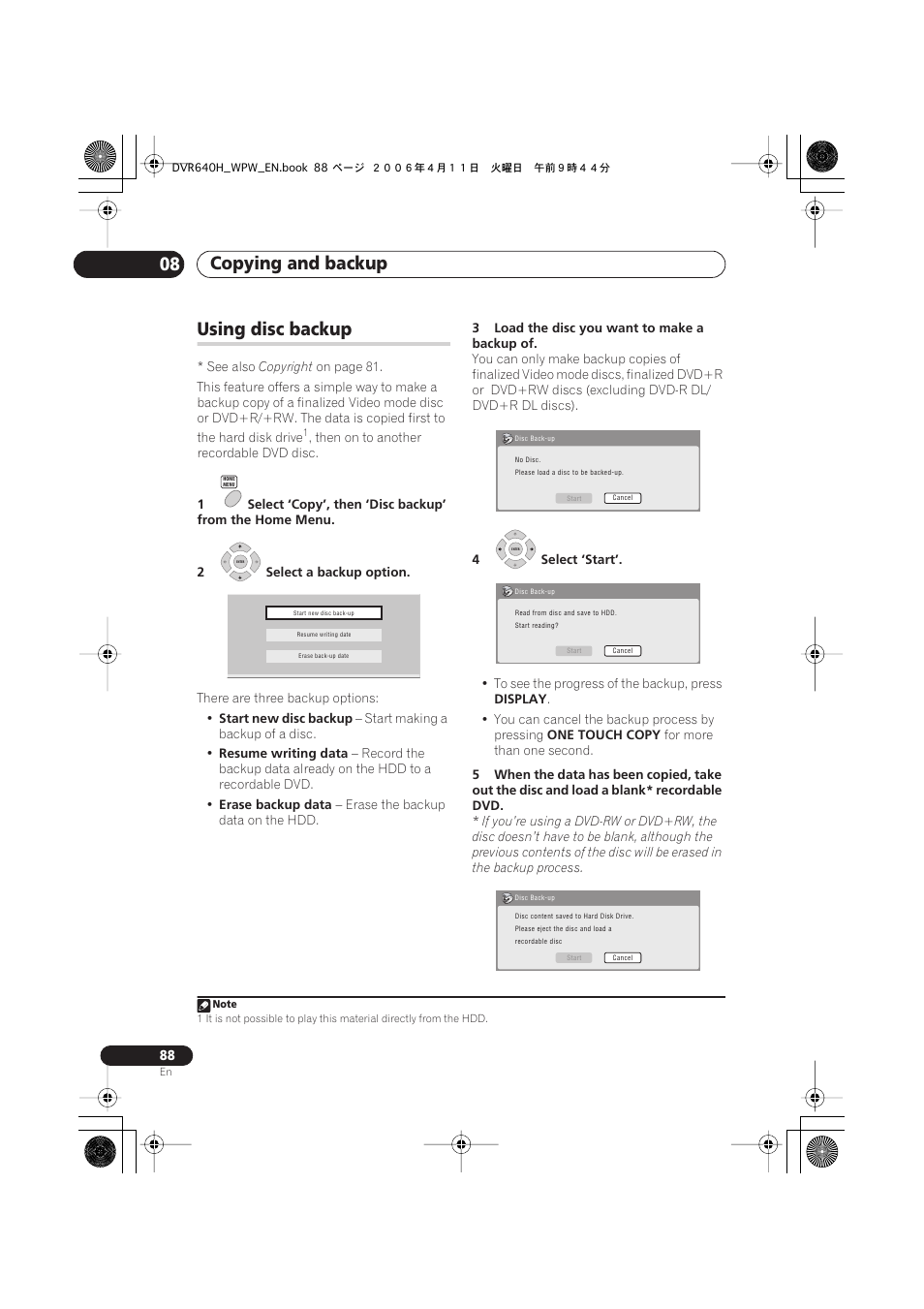 Using disc backup, Copying and backup 08 | Pioneer DVR-640H-S User Manual | Page 88 / 140