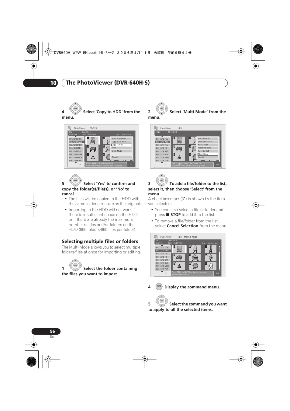 Selecting multiple files or folders, A checkbox mark, Stop | Cancel selection | Pioneer DVR-640H-S User Manual | Page 96 / 140