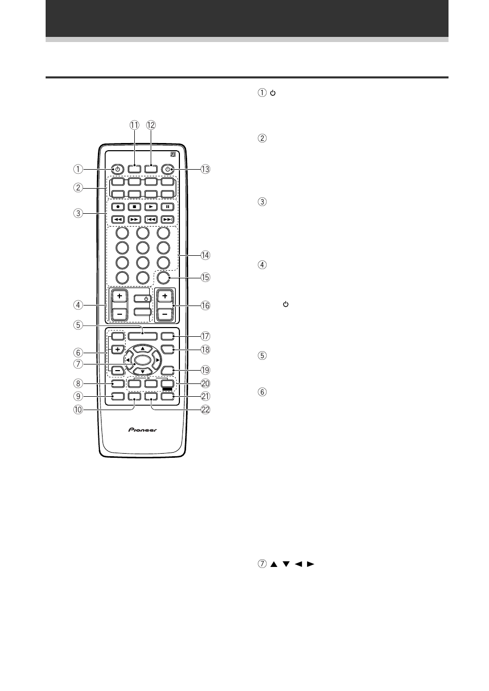 Remote control, Displays and controls, 2 multi control buttons | 3 component control buttons, 4 tv control buttons, 5 menu button, 6 effect/ch sel +/– buttons (see p.41), 75 / ∞ / 2 / 3 /enter buttons, Vsx-d938tx | Pioneer VSX-D908TX User Manual | Page 24 / 88