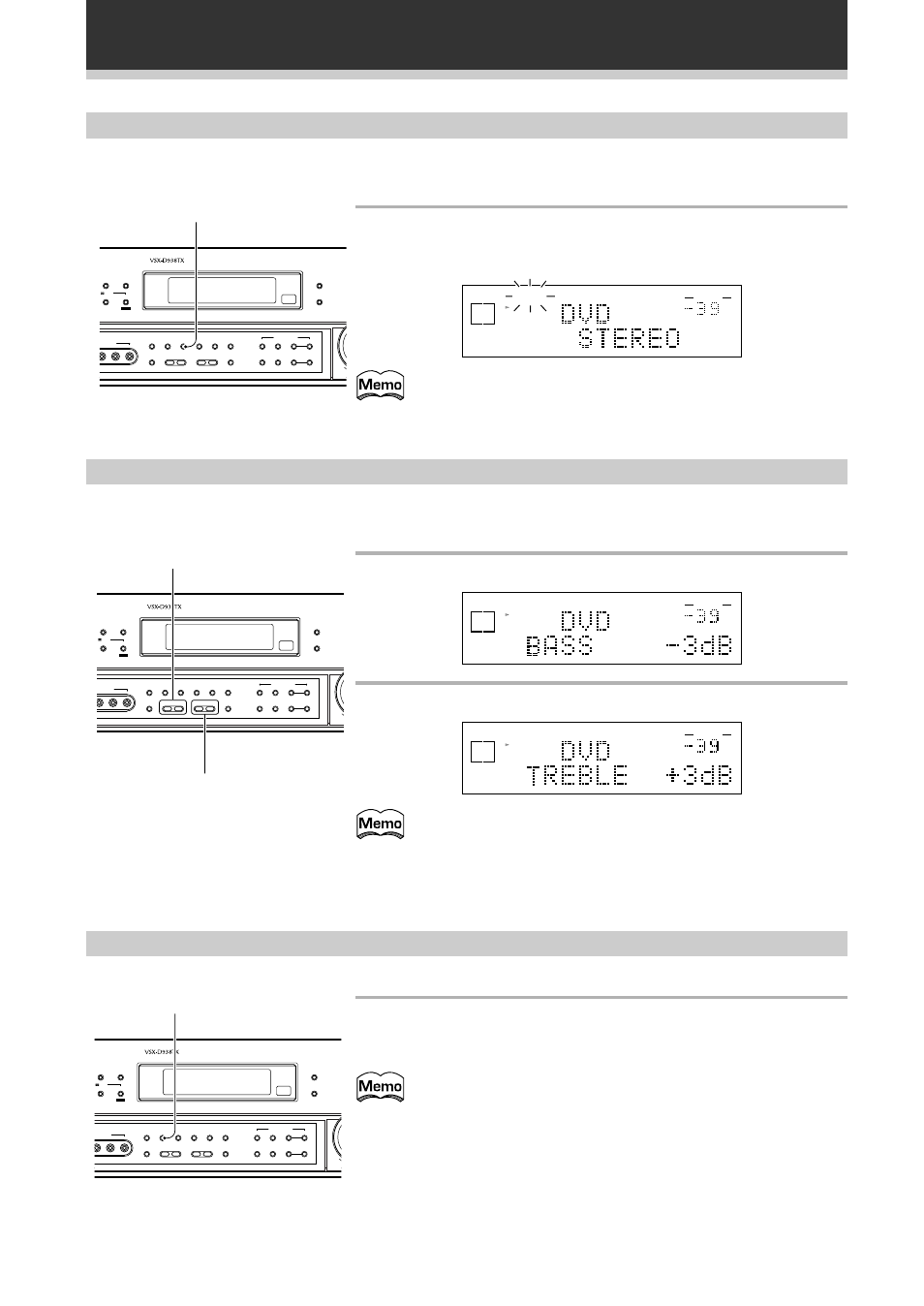Listening in loudness mode (front panel only), Direct playback (front panel only), Basic playback | Press bass (–/+) to adjust the low frequencies, Press treble (–/+) to adjust the high frequencies, Press loudness, Press direct to put the receiver in direct mode, Each press switches loudness mode on or off, Vsx-d938tx loudness, Vsx-d938tx bass –/+ treble | Pioneer VSX-D908TX User Manual | Page 48 / 88