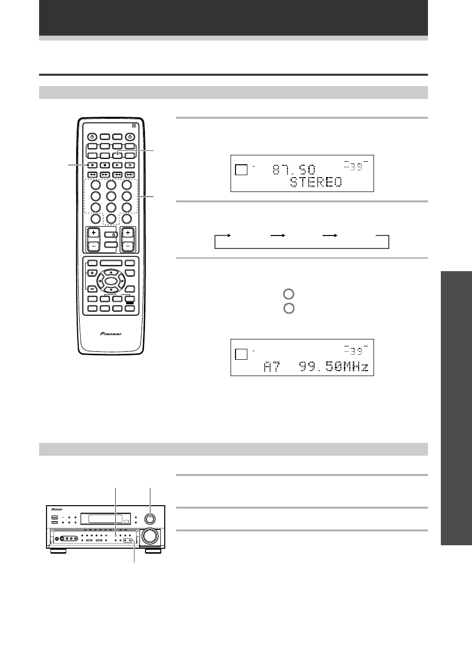 Recalling memorized stations, Opera tion, Using the remote control | Using the front panel, Using the tuner, Press tuner, Press class repeatedly to select a class number, Select the tuner function by using input selector, Press station –/+ repeatedly, Vsx-d938tx | Pioneer VSX-D908TX User Manual | Page 53 / 88