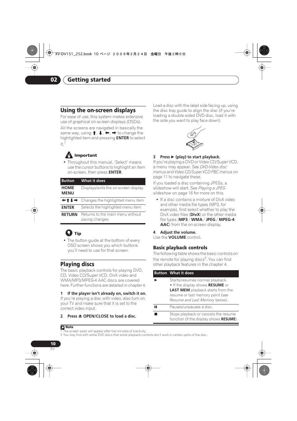 Using the on-screen displays, Playing discs, Basic playback controls | Getting started 02 | Pioneer XV-DV252 User Manual | Page 10 / 85