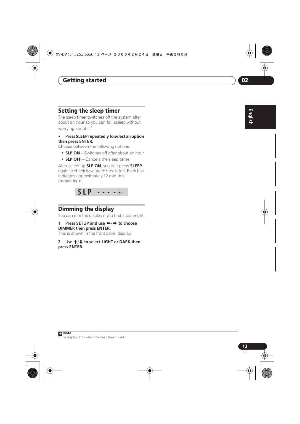 Setting the sleep timer, Dimming the display, S l p | Getting started 02 | Pioneer XV-DV252 User Manual | Page 13 / 85