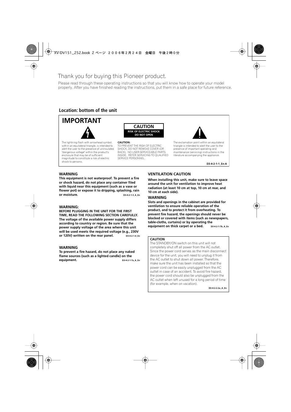 Important, Location: bottom of the unit, Caution | Pioneer XV-DV252 User Manual | Page 2 / 85