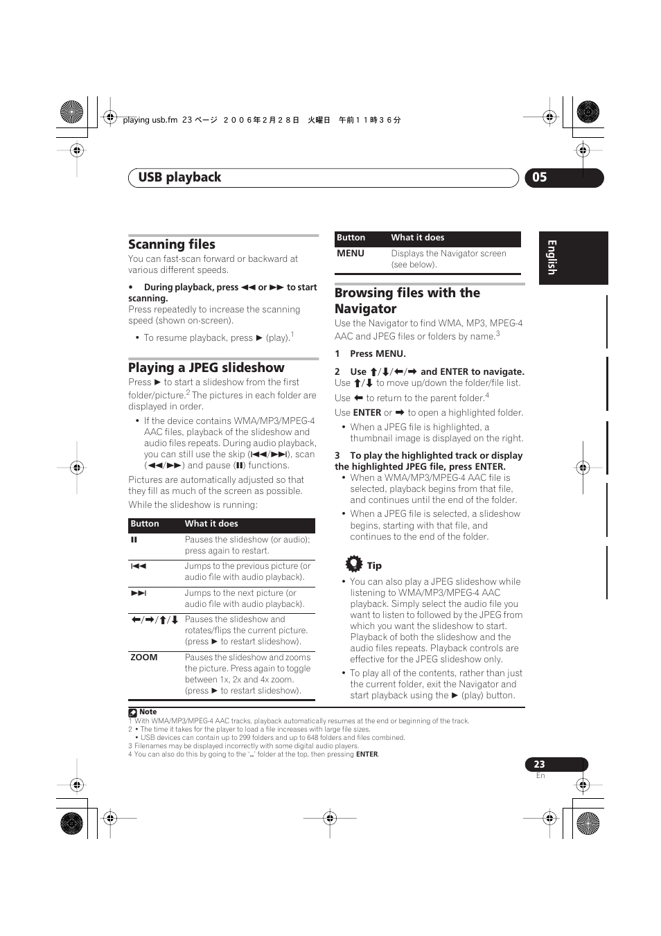 Scanning files, Playing a jpeg slideshow, Browsing files with the navigator | Usb playback 05 | Pioneer XV-DV252 User Manual | Page 23 / 85