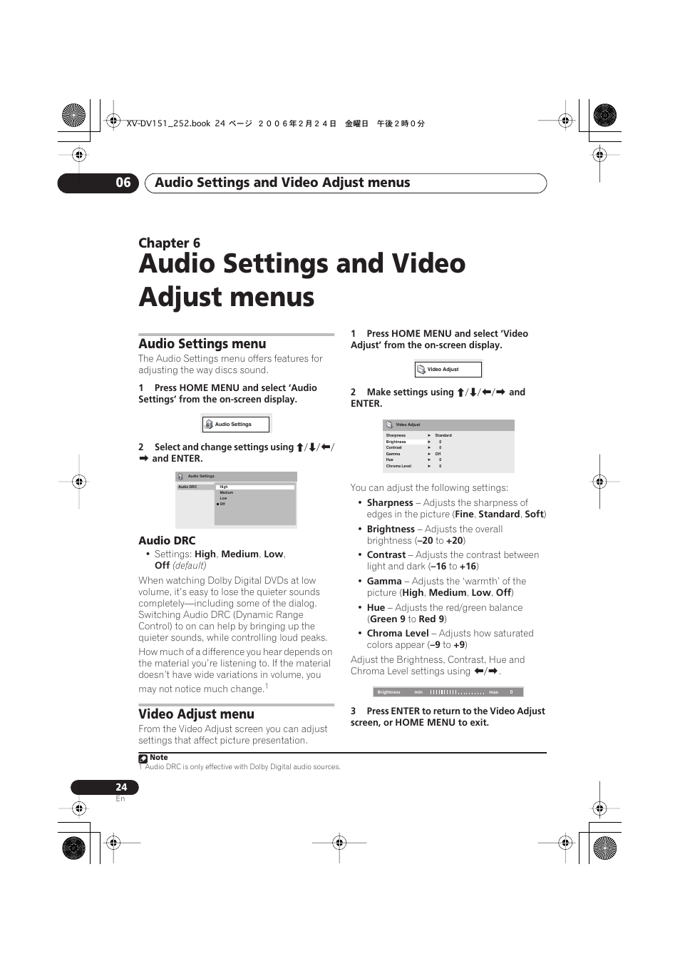 06 audio settings and video adjust menus, Audio settings menu, Audio drc | Video adjust menu, Audio settings and video adjust menus, Audio settings and video adjust menus 06, Chapter 6 | Pioneer XV-DV252 User Manual | Page 24 / 85