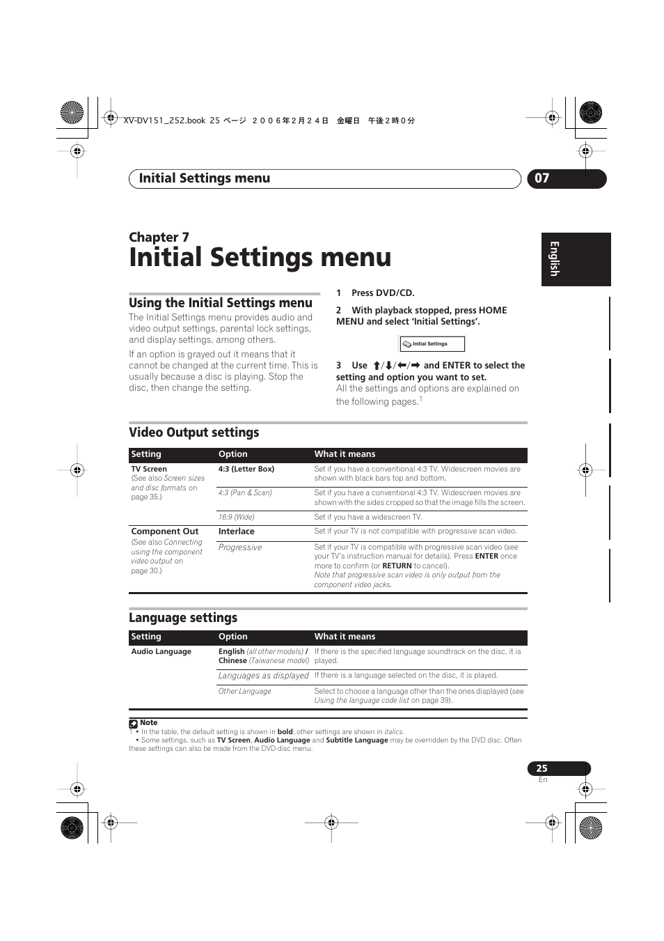 07 initial settings menu, Using the initial settings menu, Video output settings | Language settings, Initial settings menu, Initial settings menu 07, Chapter 7 | Pioneer XV-DV252 User Manual | Page 25 / 85