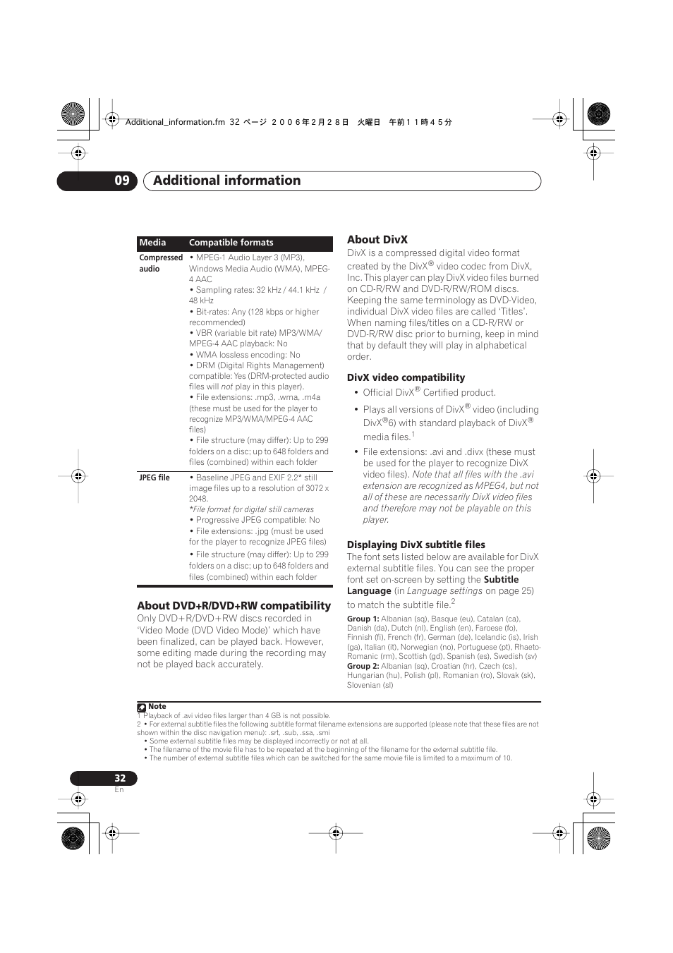 About dvd+r/dvd+rw compatibility, About divx, Additional information 09 | Pioneer XV-DV252 User Manual | Page 32 / 85