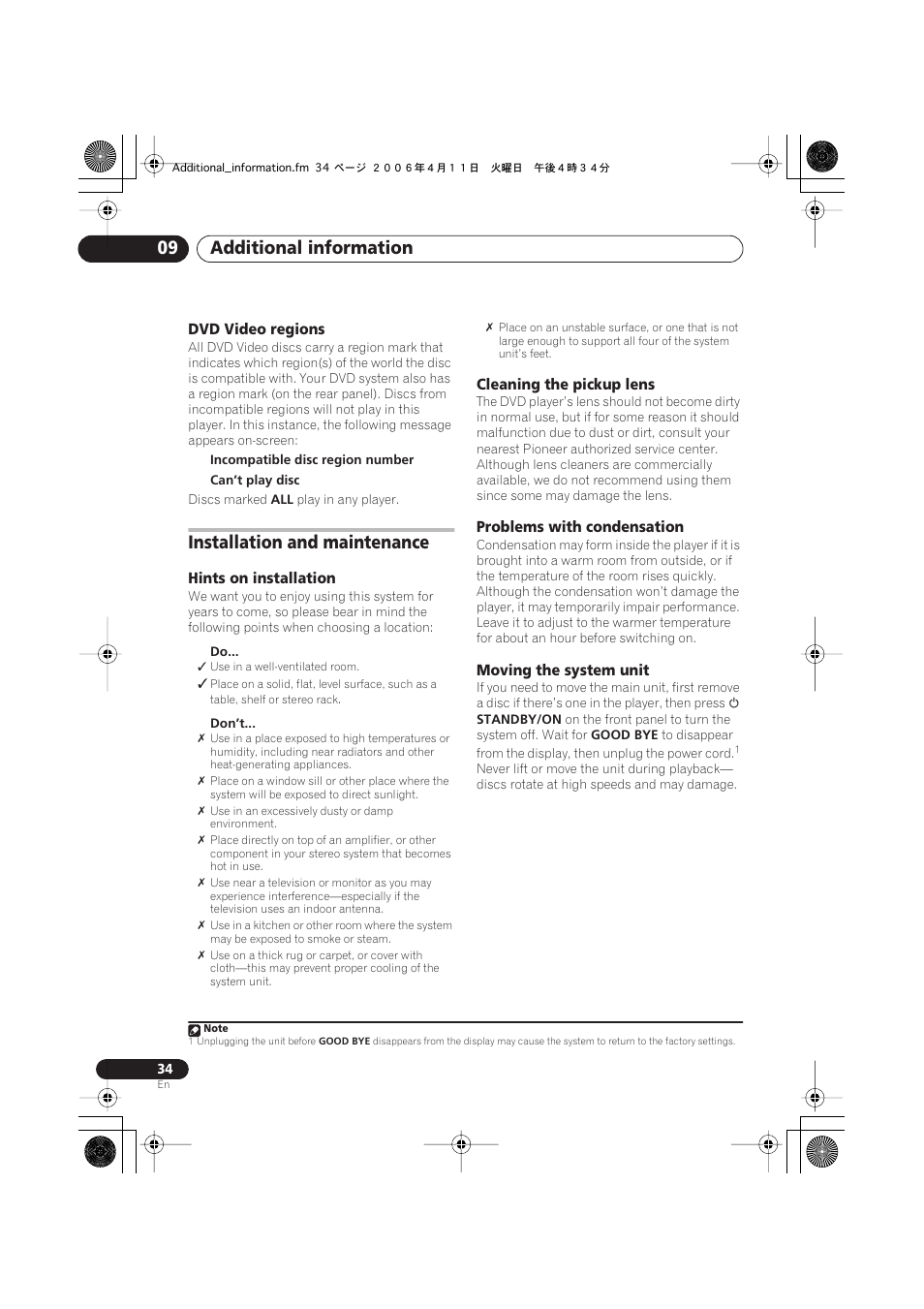 Dvd video regions, Installation and maintenance, Hints on installation | Cleaning the pickup lens, Problems with condensation, Moving the system unit, Additional information 09 | Pioneer XV-DV252 User Manual | Page 34 / 85