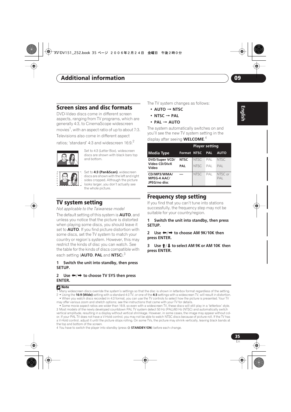 Screen sizes and disc formats, Tv system setting, Frequency step setting | Additional information 09 | Pioneer XV-DV252 User Manual | Page 35 / 85